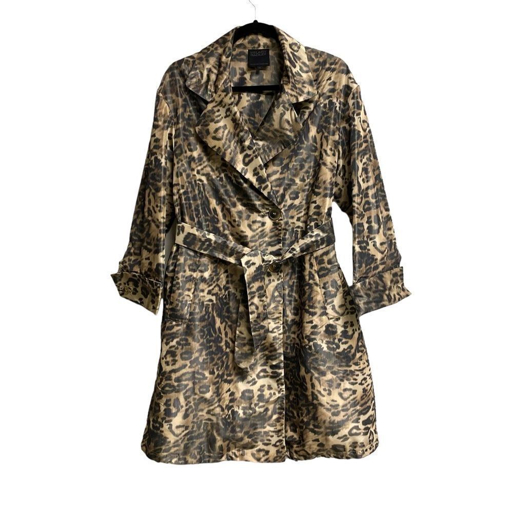 HILARY RADLEY Leopard Print Button Front Raincoat Trench Coat Tan Black 6